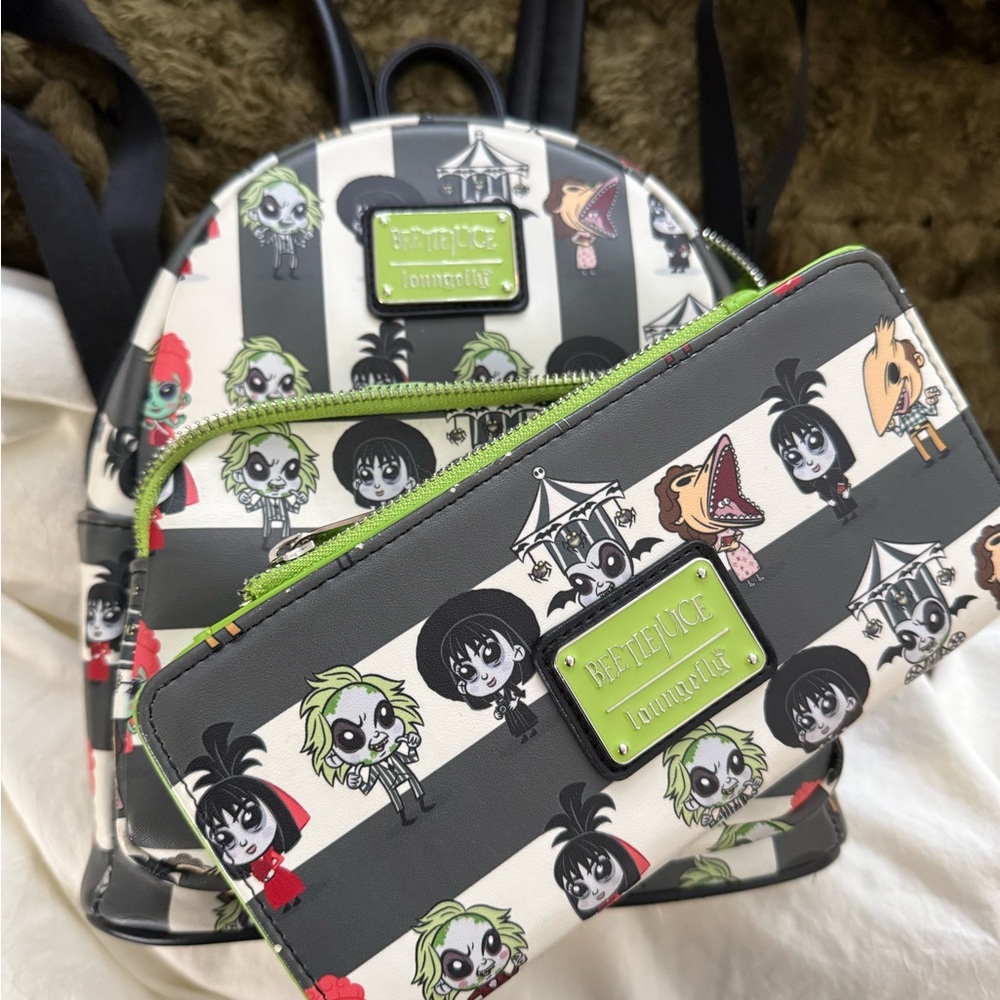 Loungefly Beetlejuice Backpack and Wallet - Black, White, Green
